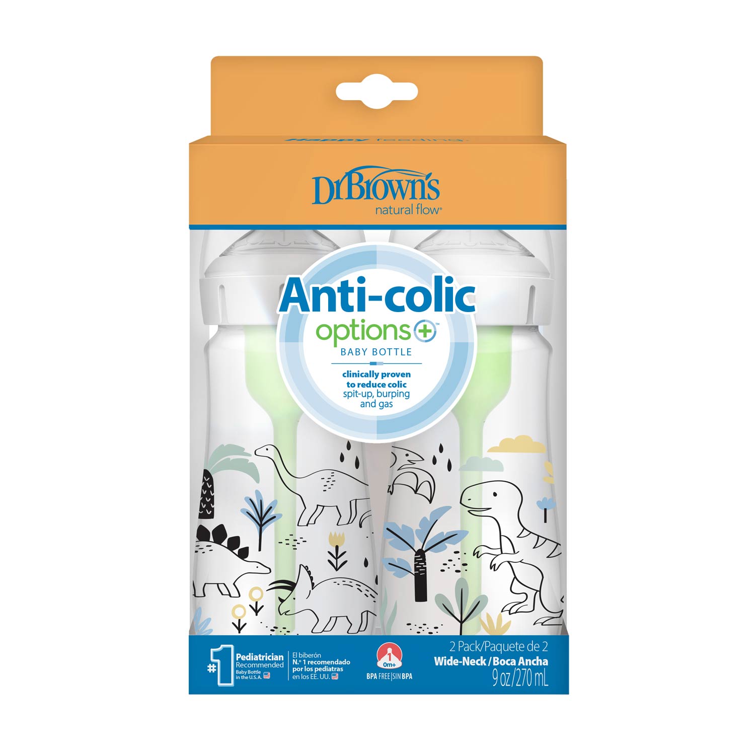 Dr. Brown’s Natural Flow Anti-Colic Options+ Wide-Neck Baby Bottle, 9oz/270mL, 2-Pack